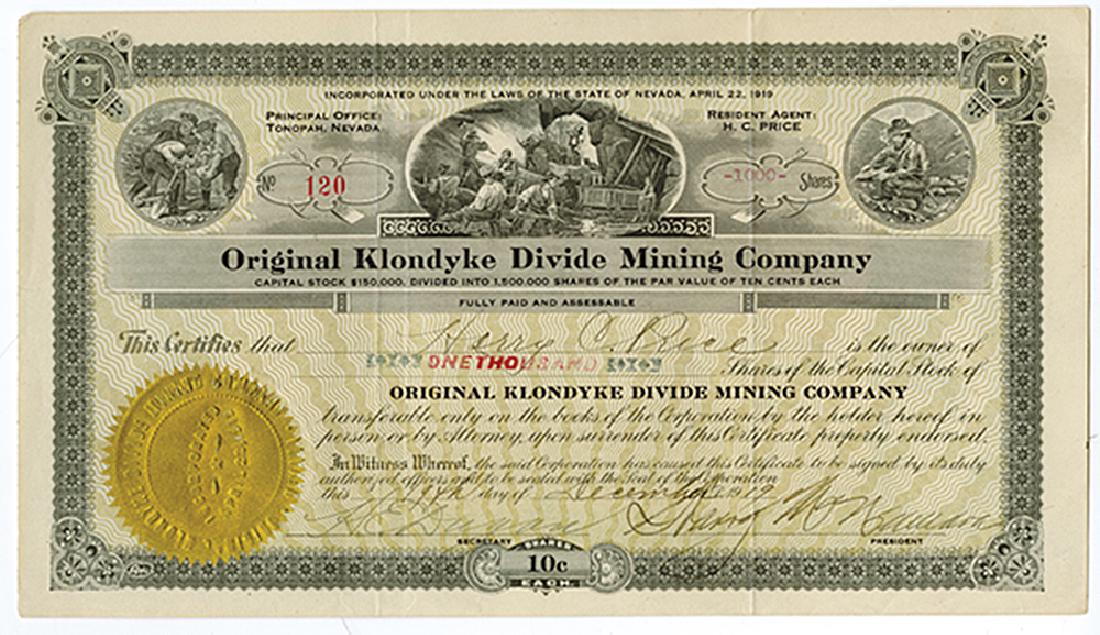 Original Klondyke Divide Mining Co., 1919 Issued Stock (1 of 1)