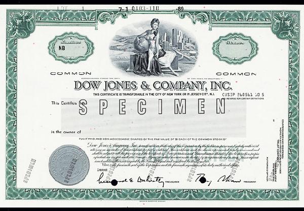 Dow Jones & Co., Inc.: New Jersey, 19xx (ca. 1970-80), Odd shs., Specimen stk., Green Border with seated allegorical woman with globe vignette, POC's, XF, Well known business publishers and researchers who established The W