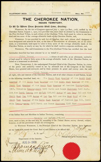 Cherokee Nation Land Homestead Certificate for 71: Indian Territory, Oklahoma. May 29th, 1906. Issued and approved by the U.S. Department of the Interior land transfer to "Clint Duncan" a member of the Cherokee Nation and signed by the Principal Chief