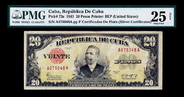 Republica De Cuba, Certificado De Plata.: Cuba, 1943, 20 Pesos, P-72e, Issued banknote, Black on olive underprint, Maceo portrait on face, back light oliv with arms, PMG graded "25 Very Fine - Net", Attractive banknote. BEP (US).