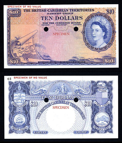 British Caribbean Territories, Eastern Group, 195: British Caribbean Territories, Eastern Group, 1953 Issue Color Trial Specimen. BCT, ND (ca.1955-59), $10, P-10b Unlisted Color Trial Specimen, Face is Blue on m/c instead of issued Brown on m/c underp