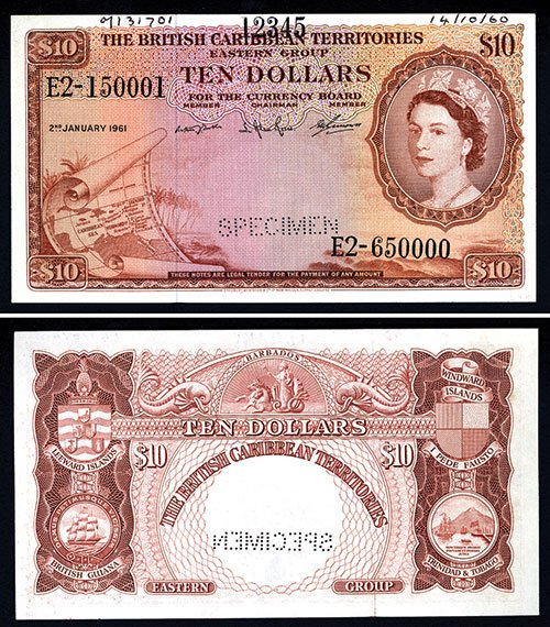 British Caribbean Territories, Eastern Group, 195: British Caribbean Territories, Eastern Group, 1953 Issue (1961) Specimen. BCT, 2nd January, 1961, $10, P-10c Unlisted Specimen, Face is brown on m/c, back is brown, Queen Elizabeth II watermark, Pin-p