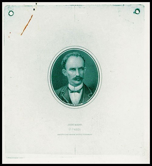Banco Nacional De Cuba, Jose Marti Proof Vignette: Banco Nacional De Cuba, Jose Marti Proof Vignette Used on 1949-50 Issue. Cuba, 1949, 1950. Large die proof vignette of Jose Marti used on 1 Peso, P-77. Printed in green on india paper, Imprint at bott