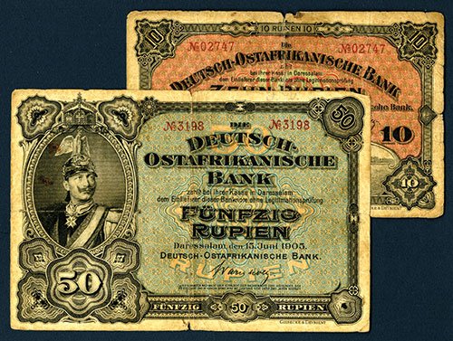 Deutsch-Ostafrikanische Bank, 1905 Issue Banknote: Deutsch-Ostafrikanische Bank, 1905 Issue Banknote Pair. Lot of 2 notes. German East Africa, Both 1905 issues, Includes 10 Rupien, P-2, VG, S/N 02747 and 50 Rupien, P-3a, VG with pin holes, S/N 3198, b