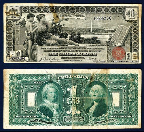 U.S. Silver Certificate, Series of 1896 “Educatio: U.S. Silver Certificate, Series of 1896 “Educational” Note. 1896, $1, Silver Certificate, S/N 929245, Choice Fine with stains top middle, small splits at strong top middle and left side fold. Alwa