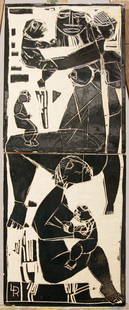 Wandobjekt Frauen und Kinder: Keramik. Reliefdekor, partiell schwarz glasiert mit Frauen und Kindern. 2 Keramikplatten auf Holz montiert. 69,7 x 25,5 cm. Rückseitig kolumbianischer Galerieaufkleber. Leopoldo Richter