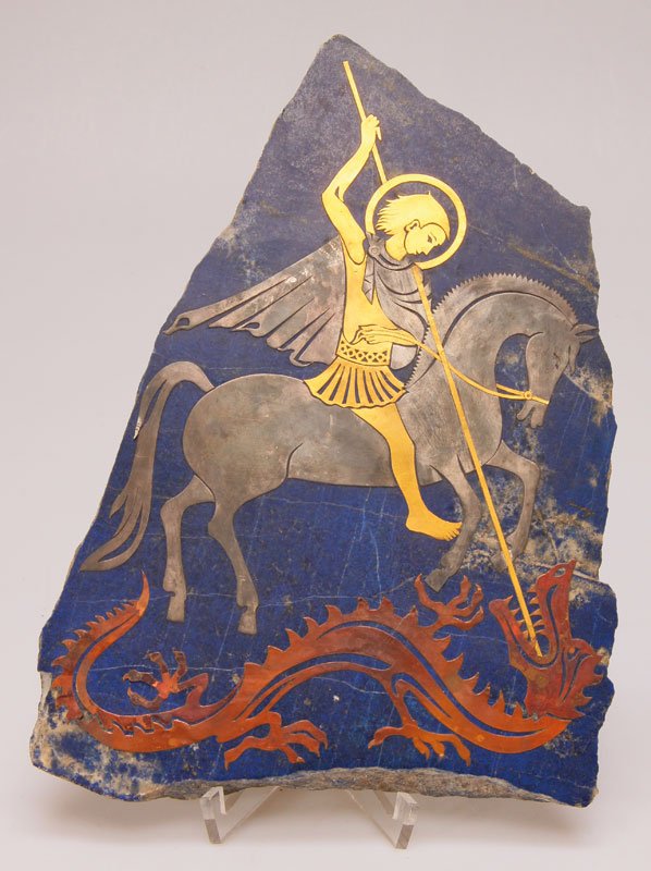 Elisabeth Treskow (1898-1992): Bildplatte mit Darstellung des Heiligen Georg mit dem Drachen. Lapislazuli. Kupfer, Silber, Messing ein-/ aufgelegt. 29,5 x 20cm. Elisabeth Treskow. Goldschmiedekunst des 20. Jahrhunderts. Ausst.kat. 