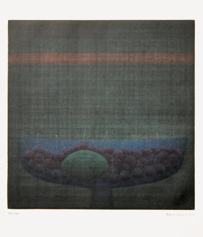 Yozo Hamaguchi (1909-2000): Lemon and Cherries. Mezzotinto Radierung auf Bütten. 19,5 x 19,5 cm. Unten links nummeriert und unten rechts bezeichnet: 138/150 hamagouchi.