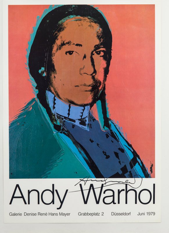 Andy Warhol (1928-1987): American Indian. Ausstellungsplakat der Galerie Denise Ren Hans Mayer, Dsseldorf. 83,5 x 49,5 cm. Im unteren Bereich handsigniert: Andy Warhol. ageing:1979
