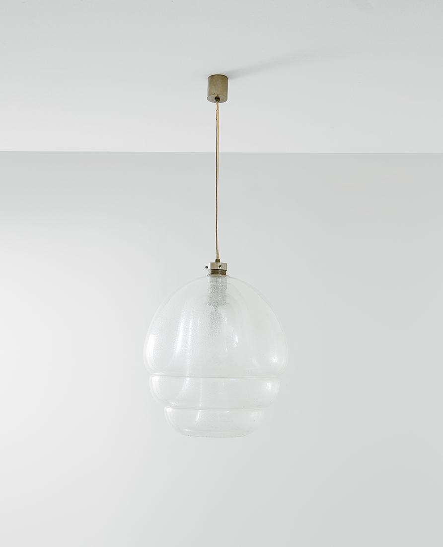 Carlo Nason: Ceiling lamp Brushed steel, clear pulegoso glass. Manufactured by Vetrerie Mazzega, 1969 ca. h 99 cm, diam. 42 cm