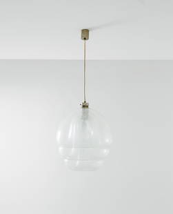 Carlo Nason: Ceiling lamp Brushed steel, clear pulegoso glass. Manufactured by Vetrerie Mazzega, 1969 ca. h 99 cm, diam. 42 cm