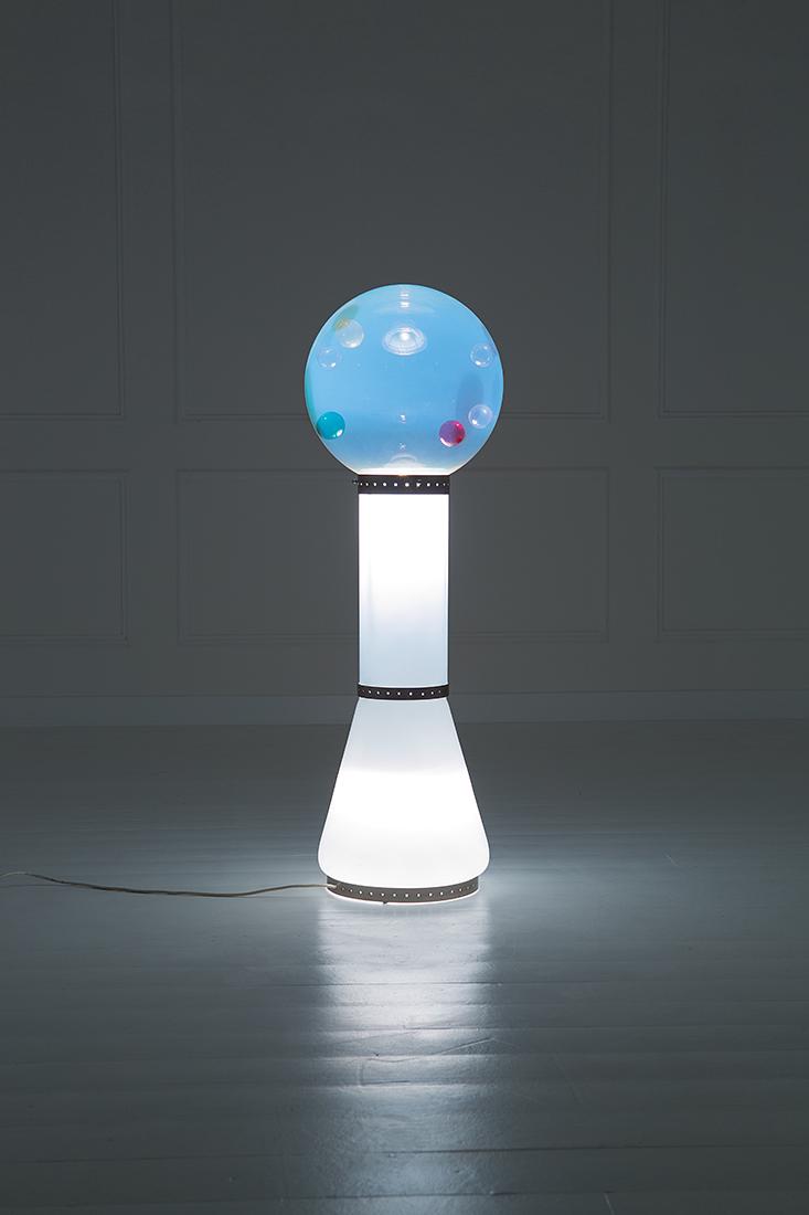 Mazzega: Floor lamp Chromed metal, opal glass, clear iridescent glass diffuser with coloured blown glass balls inside. Manufactured by Vetrerie Mazzega, late 1960s h 122 cm, diffuser diam. 40 cm