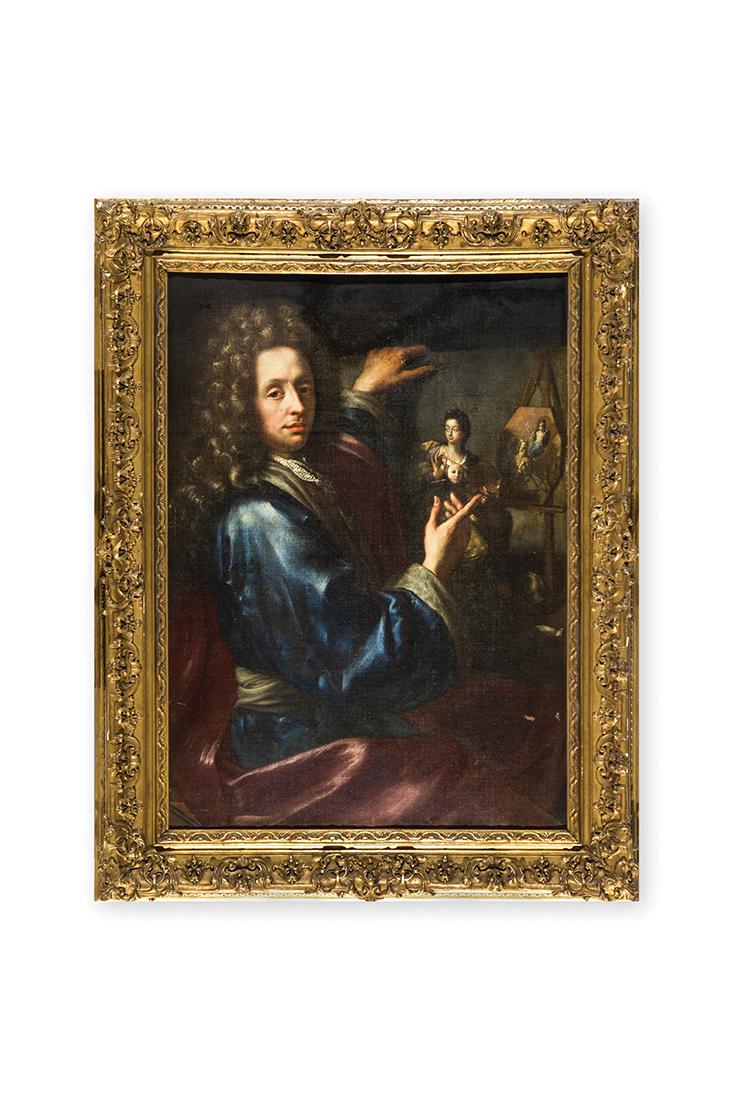 Attr. Robert Levrac-Taurniers: Autoritratto del pittore Robert Levrac-Tournières Olio su tela cm 110x78 Il dipinto, di grande qualità, rappresenta l' autoritratto di un pittore abbigliato riccamente, con una grande parrucca in ca