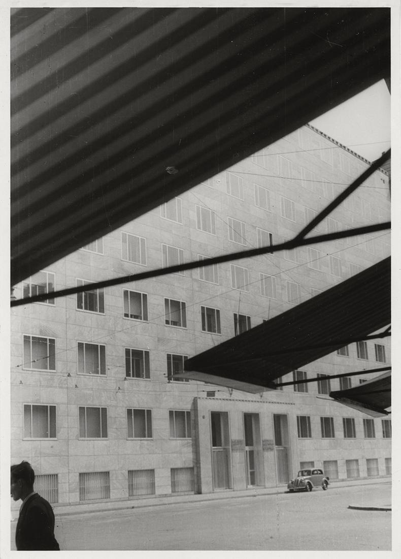 Dario Guarnati: Montecatini Palace View of the main facade 1936-37 Silver baryta paper print. Archivio Fotografico Gio Ponti stamp on verso. 17.3x12.7 cm