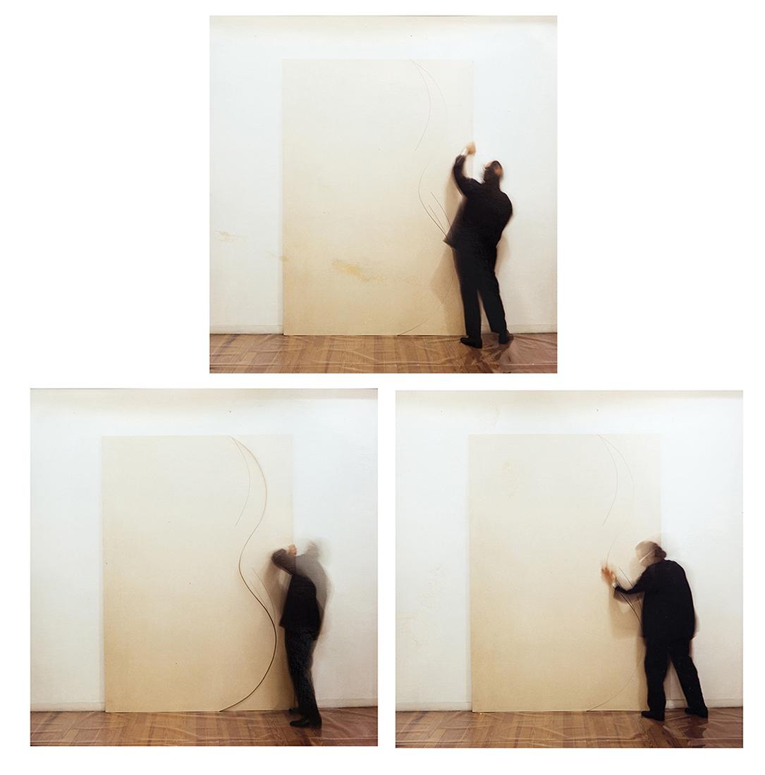 Salvatore Licitra: Performance by Emilio Prini at the Toselli Gallery, three photographs. 1990 PE coated paper print. Salvatore Licitra's signature in ink on verso. 19.7x19.4 cm