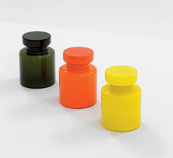 Luciano Vistosi: Three bottles Cased coloured glass. Manufactured by Vistosi, 1963 ca. h 22 cm, diam. 15 cm Literature: Literature: Domus n. 405, agosto 1963, p. d/151. Good vintage condition. A chip on the inside of