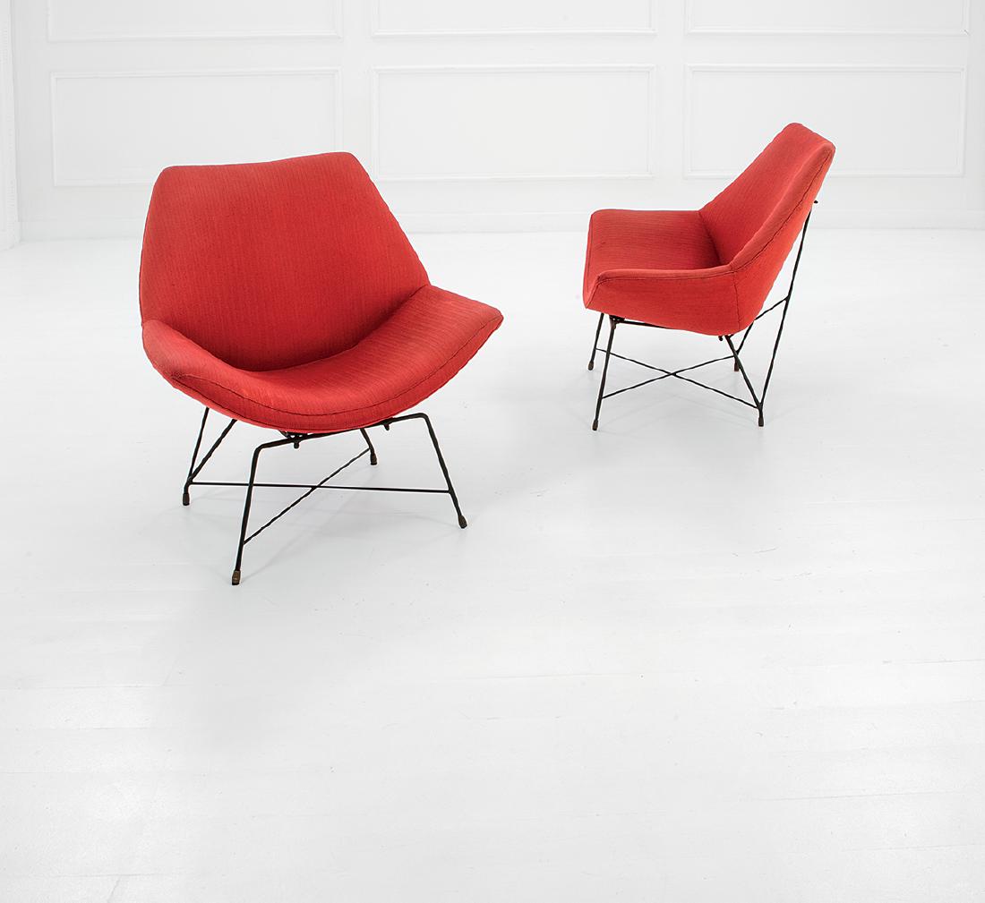 Augusto Bozzi: Two armchairs Enamelled drawn iron, polished brass, fabric. Manufactured by Saporiti, 1956 ca. Manufacturer's decal. 87x87x78 cm Literature: Literature: Domus n. 324, novembre 1956, rassegna. Good vin