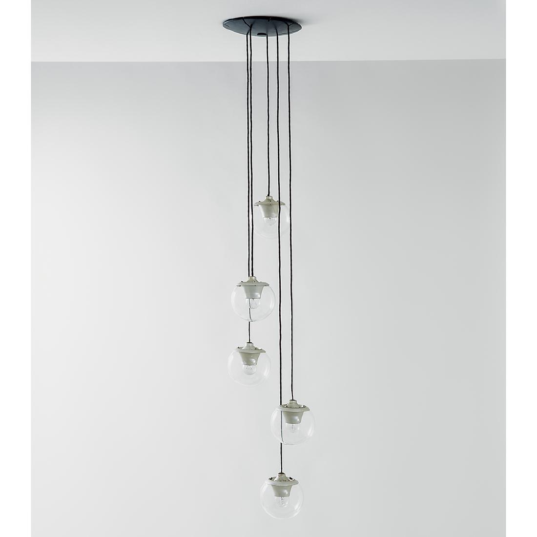 Gino Sarfatti: Lampadario mod. 2095/5 Metallo smaltato, alluminio, vetro trasparente. Prod. Arteluce, 1958 ca. bocce h cm 13, diam. cm 13; base h cm 1, diam. cm 25 Literature: M. Romanelli, S. Severi, Gino Sarfatti.