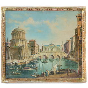 Vincenzo Chilone: Veduta del ponte di Rialto secondo il prospetto di Andrea Palladio Veduta di Rialto con il ponte Sant'Angelo a Roma Due oli su tela I dipinti sono corredati dall'expertise del Dottor Dario Succi cm 41