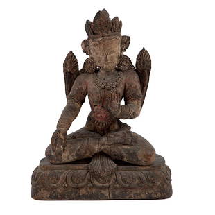 Buddha: Buddha in legno con tracce di policromia. Cina, dinastia Ming h cm 38