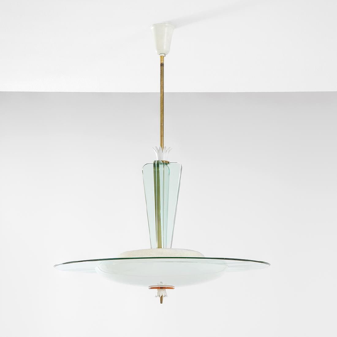 Gio Ponti: Lampadario Ottone nichelato, cristallo colorato, molato, vetro opalino curvato. Prod. Fontana Arte, 1935 ca. h cm 90, diam. cm 70