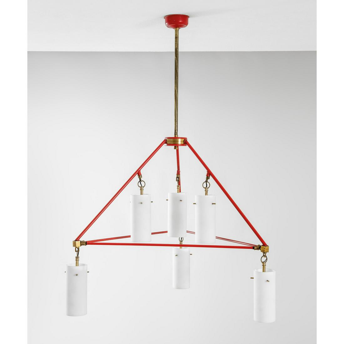 Angelo Brotto: Lampada a sospensione a sei lumi Metallo laccato, vetro opalino satinato, ottone. Prod. Esperia, 1955 ca. cm 99x70x60