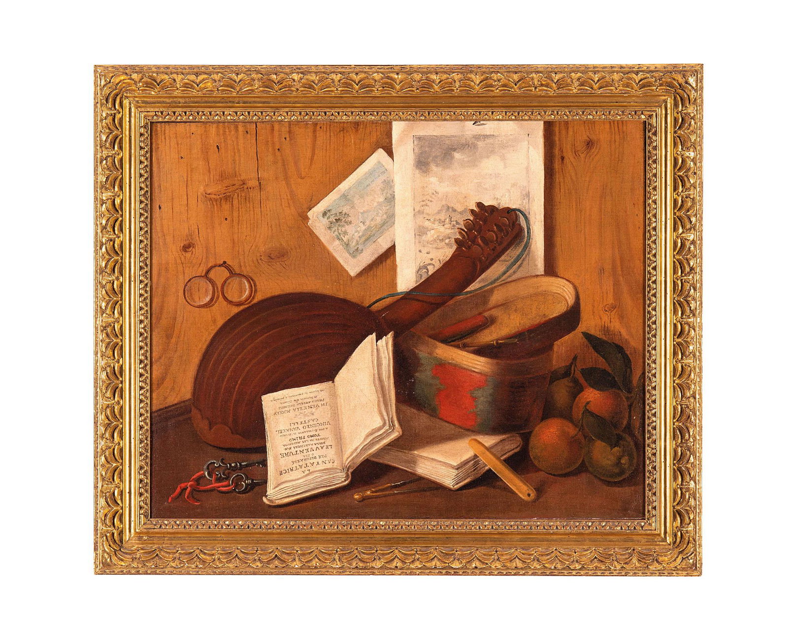 Sebastiano Lazzari (attr.) (1730 - 1790): Composizione con mandolino, libro, stampe, frutta Olio su tela cm 56x70