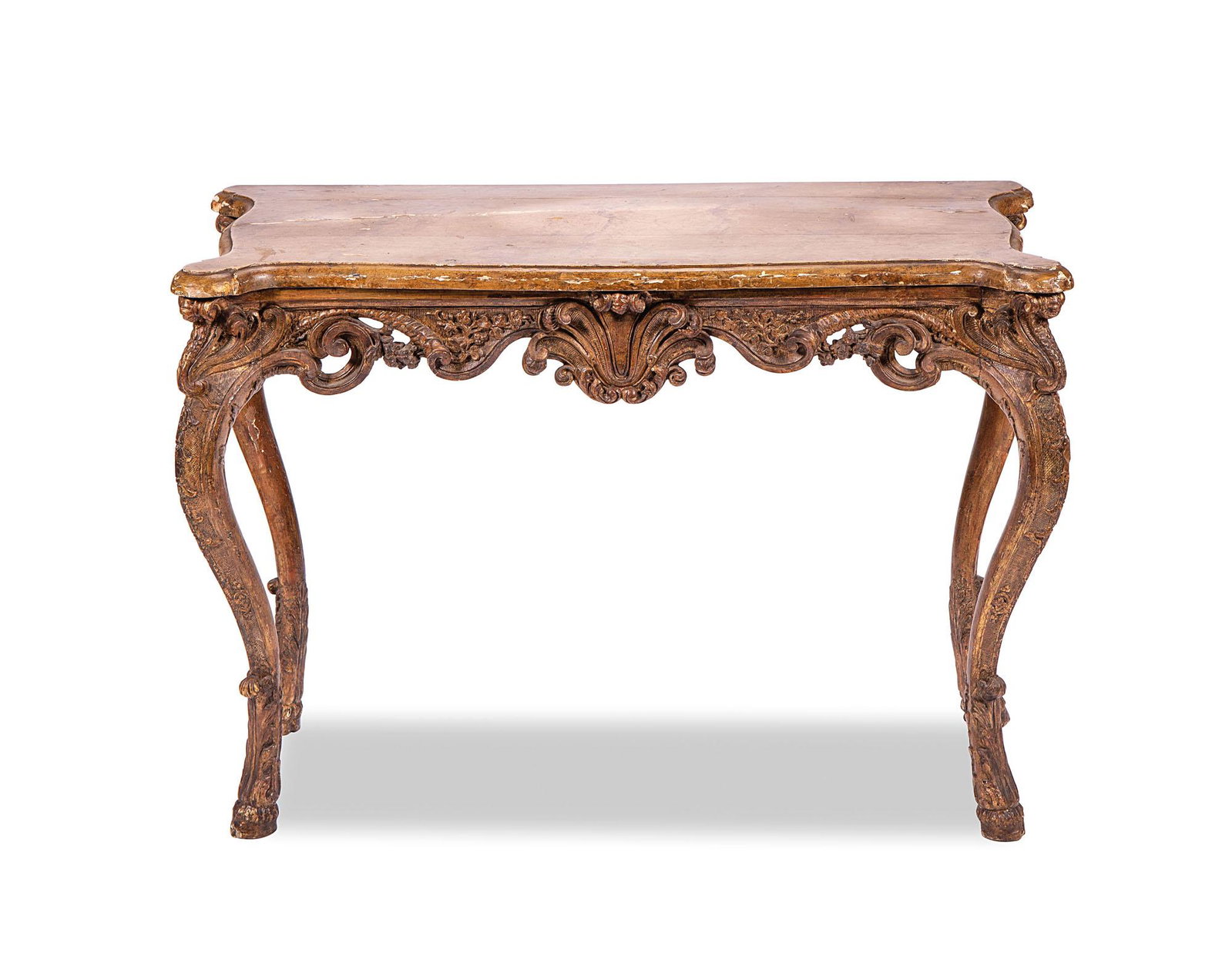 Consolle: Consolle in legno scolpito e dorato a mecca. Gambe mosse, piano laccato a finto marmo. Sicilia, XVIII secolo cm 88x132x60
