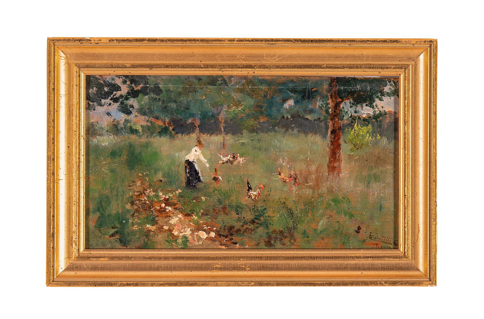 Cesare Tiratelli (Roma 1864 - 1933): Paesaggio con galline Olio su tavoletta, firmato in basso a destra. cm 14,5x25