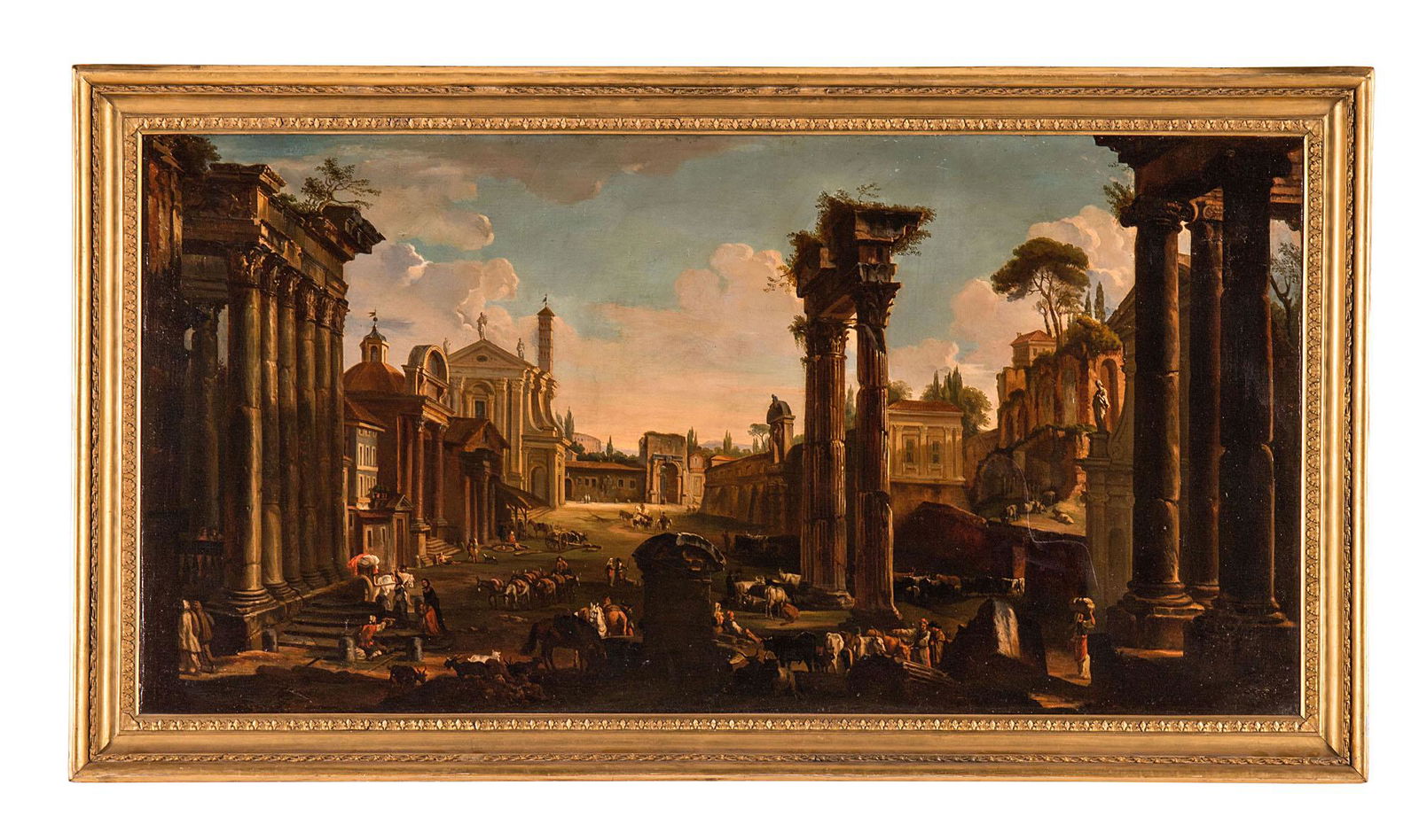 Alessandro Salucci (1590-1680 circa): Veduta del Campo Vaccino a Roma Olio su tela, cornice dorata Il dipinto è accompagnato da una perizia di Maurizio Marini. cm 102x203