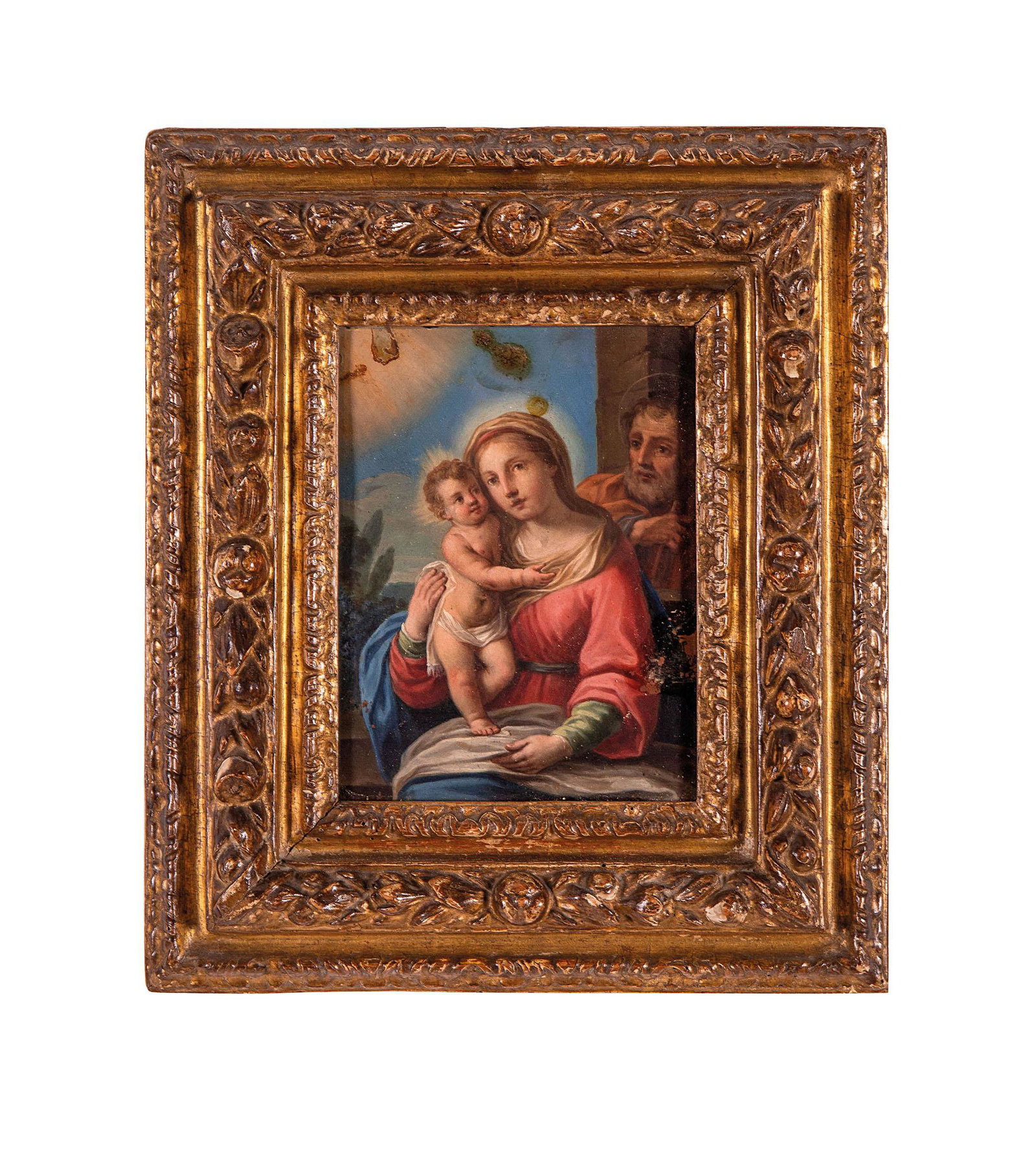 Scuola romana, nei modi di Girolamo Pesci (1684-175): Scuola romana, nei modi di Girolamo Pesci (1684-175) Sacra Famiglia Olio su rame entro splendida cornice coeva in legno scolpito e dorato. cm 20x15,5
