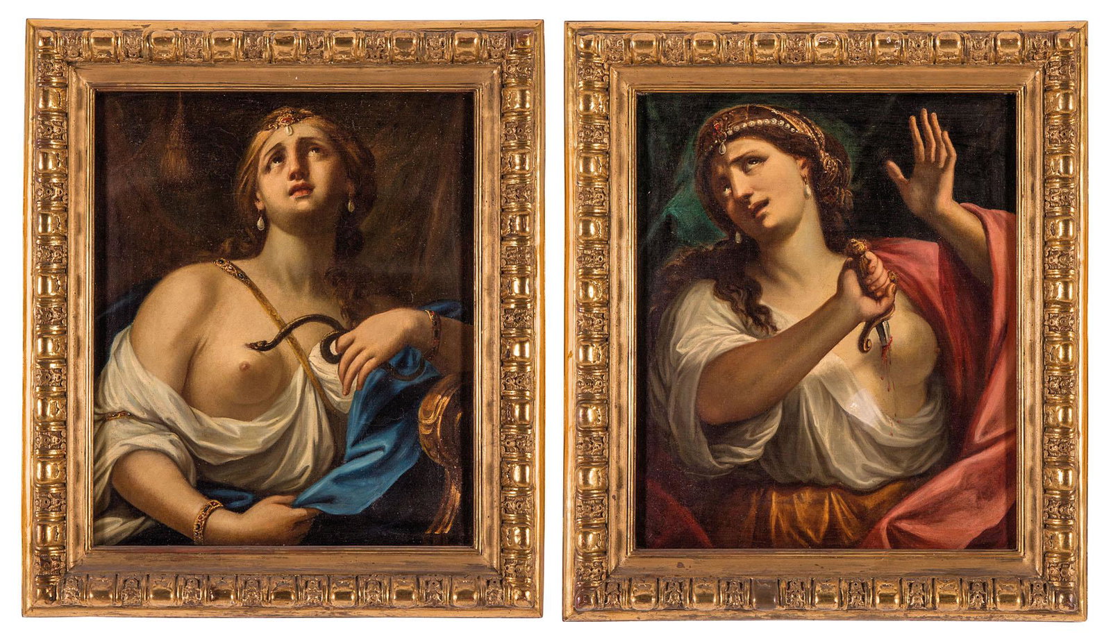 Pittore bolognese, cerchia di Domenico Maria Muratori: Pittore bolognese, cerchia di Domenico Maria Muratori 1661-1742 Cleopatra Lucrezia Romana Coppia di dipinti, olio su tela, cornice dorata. cm 75x64