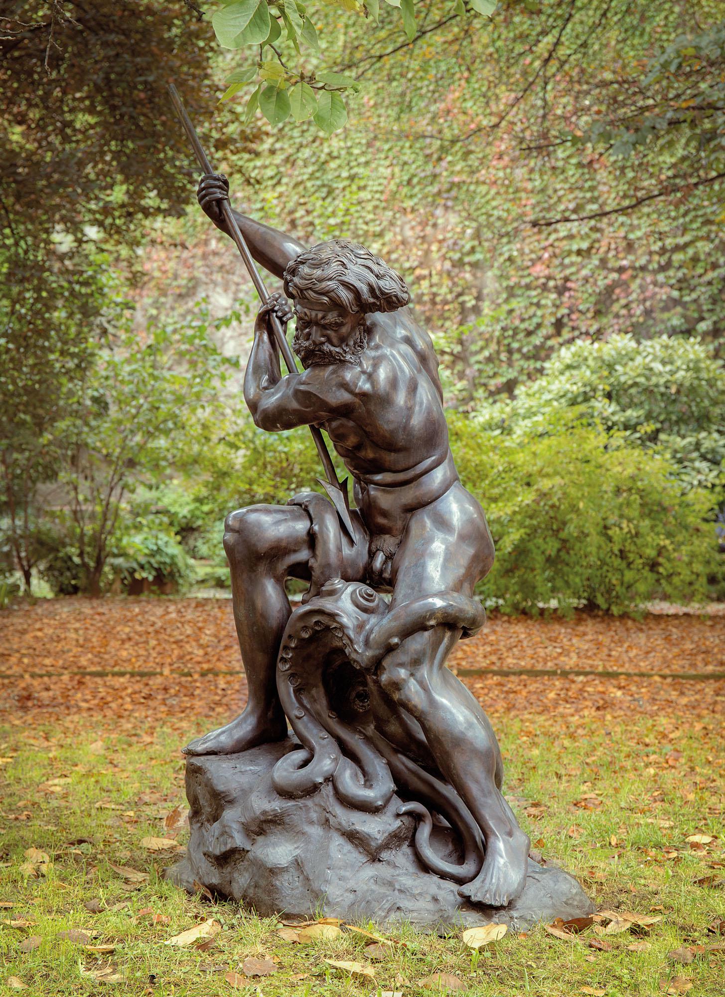Mario Rutelli (Palermo 1859 - Roma 1941): Nettuno che lotta contro la piovra Fontana in bronzo in patina scura. Firmata sul retro della base Timbro della fonderia Fond-Art-Laganà Napoli sulla base. h cm 220