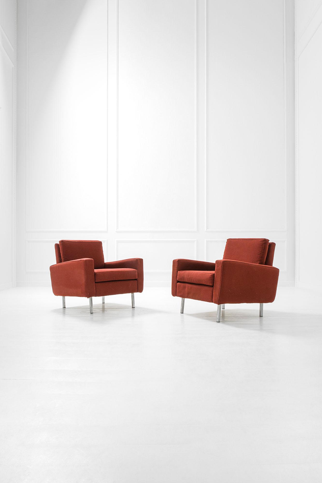 George Nelson: Coppia di poltrone Legno, tessuto, metallo cromato. Prod. Herman Miller, 1960 ca. cm 80x80x78 Literature: Rivista dell’arredamento, n. 53, maggio 1959, p.33.