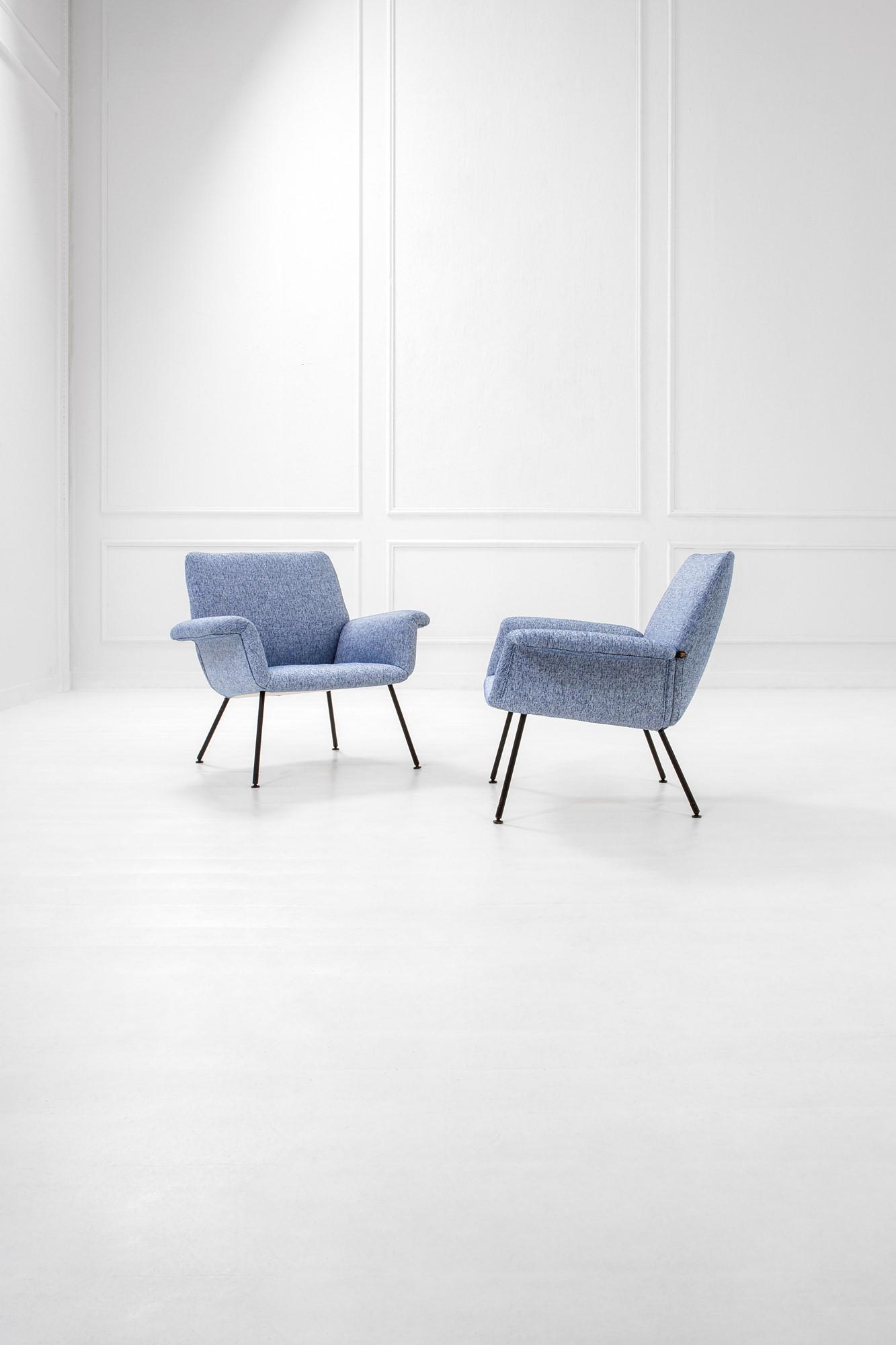 Augusto Bozzi (1924-1982) Coppia di poltrone: Coppia di poltrone Legno, tessuto, metallo smaltato. Prod. Saporiti, 1960 ca.cm 77x83x70