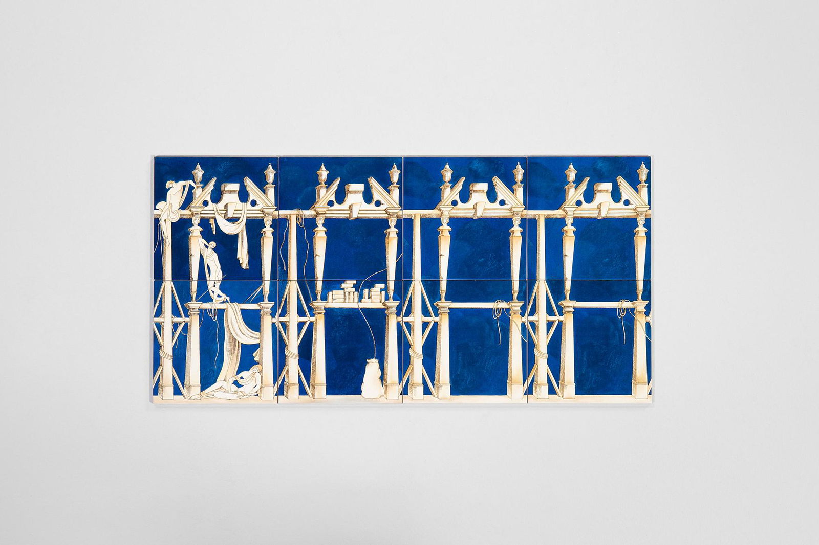 Gio Ponti: Otto piastrelle della serie La Casa degli EfebiCeramica policroma.Disegno di Gio Ponti per Ginori del 1923, prod. Ceramica Bardelli, 1970-79Sul retro marchio del produttore.cm 20x20x1