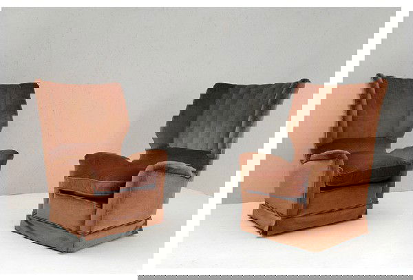 Gio Ponti: Pair of armchairs from the Hotel Bristol, Merano. walnut, fabric. 1950 ca. cm 106x76x76. Gio Ponti Archives, Expertise 10036/000.