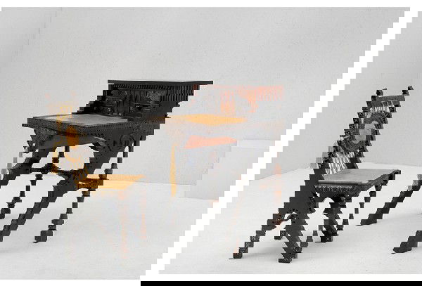 Carlo Bugatti: Chair. walnut, ebonized walnut, white metal, vellum, copper, silk. 1900 ca. cm 92x35x40. Literature: E. Barbolini Ferrari, A. Bulgarelli, Tra Antiquariato Passato Prossimo e Modernariato, Artioli Edit