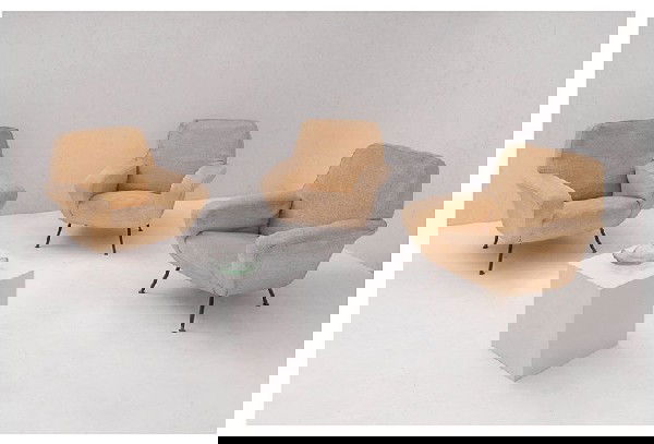 Gianfranco Frattini: Three armchairs mod. 830 brass, upholstery. Prod. Cassina, 1955 cm 80x80x80. Literature: G. Gramigna, Repertorio 1950-80, Mondadori, 1985, pag. 89.