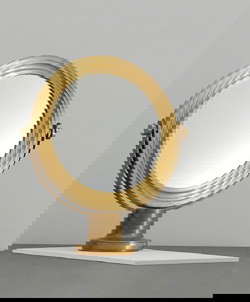 Sergio Mazza: Table mirror. enameled metal. Prod. Artemide, 1968 ca. h cm 54 - diam. tot. cm 42