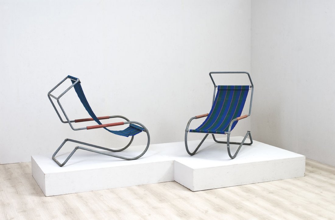 Battista e Gino Giudici: Sedia a dondolo per il Club Lido di Locarno Tubi metallici zincati, seduta in tessuto. Prod. Fratelli Giudici, 1938 cm 101x55x94 Literature: Arthur Regg (a cura di), Mobilier et intérieurs suisse au 