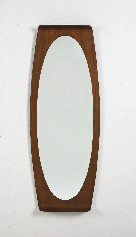 Franco Campo, Carlo Graffi: Specchiera Teak, vetro specchiato. Prod. Home, 1955 ca. Marchio a fuoco del produttore cm 122x46 Literature: Domus, aprile 1958, inserzione pubblicitaria.