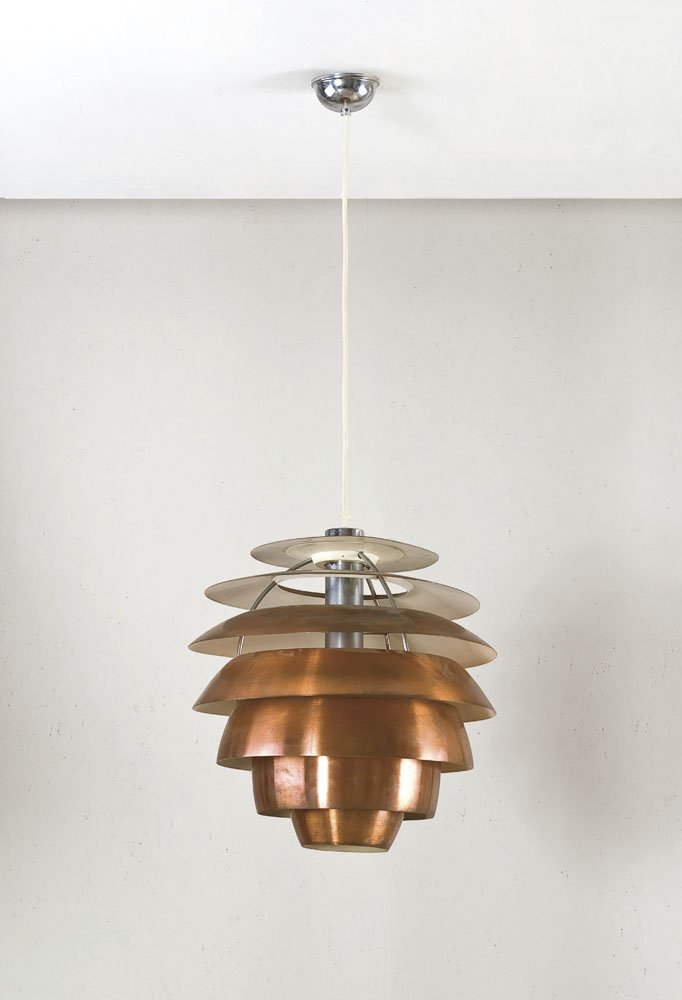 Stilnovo: Lampada a sospensione Elementi in rame smaltati al loro interno. Prod. Stilnovo, fine anni '50 Etichetta adesiva del produttore cm 50x45