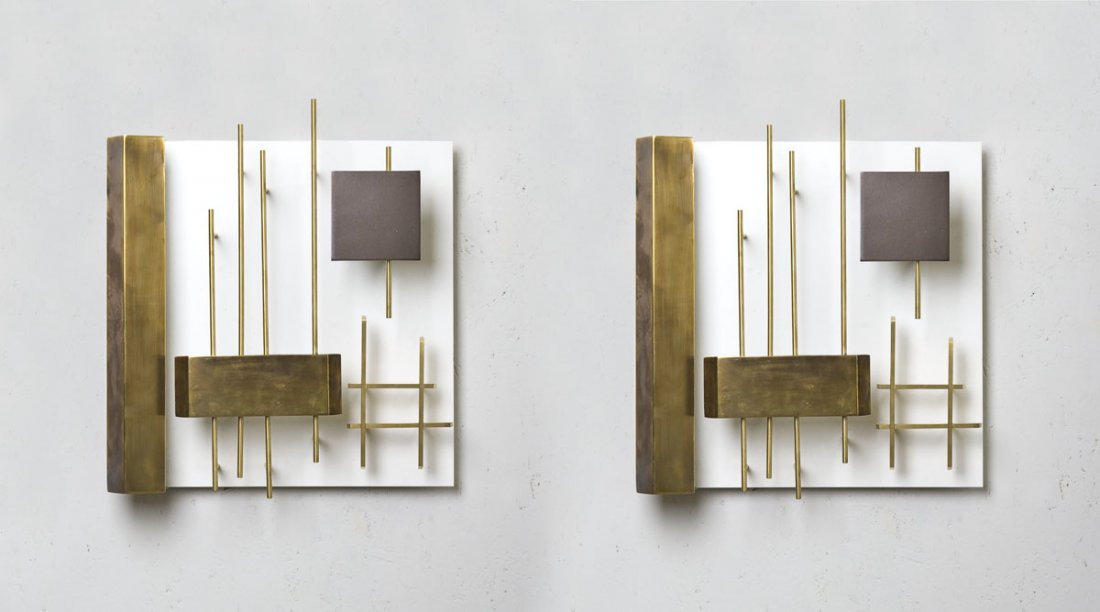Gio Ponti: Due quadri Luminosi Ottone, ottone smaltato, acciaio zincato. Prod. Lumi cm 45x40x10 Etichetta metallica del produttore sul retro. Literature: Gio Ponti: L'Arte si innamora dell'industria, La Pietra,
