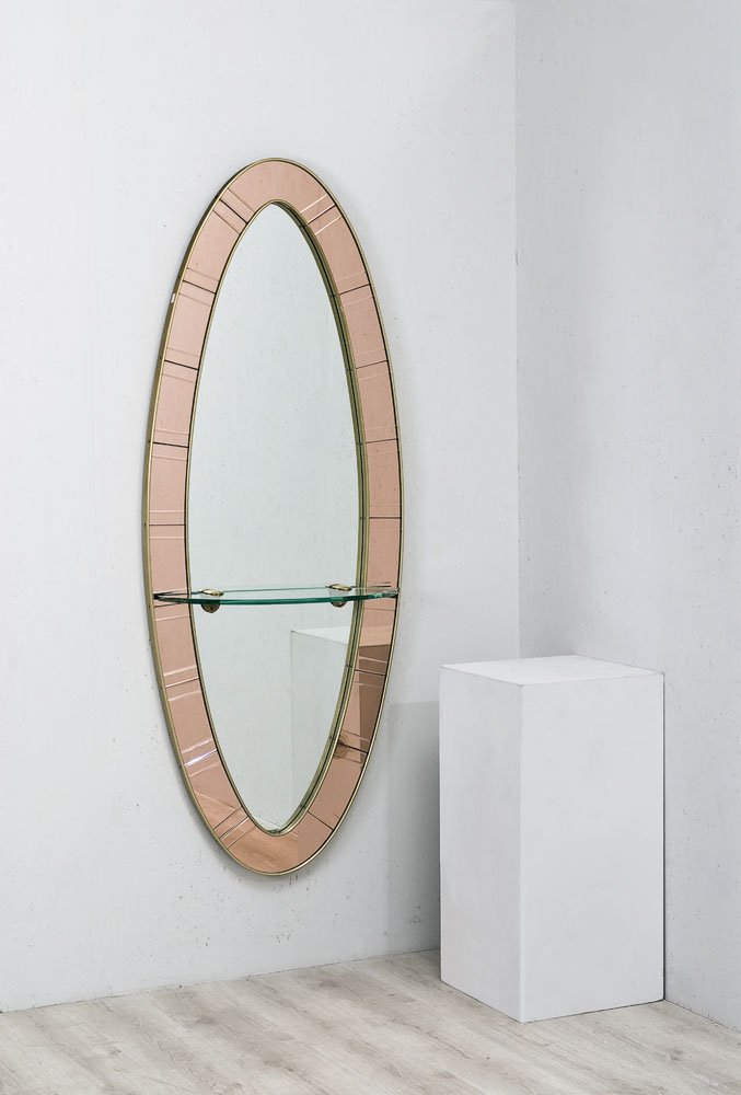 Cristal Art: Specchio da parete Vetro colorato e vetro specchiato, cornice in alluminio anodizzato. Prod. Cristal Art, 1960 ca. cm 179x69x24
