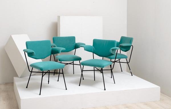 Studio BBPR: Quattro poltroncine mod. Urania Struttura in tondino di ferro; sedile, schienali e braccioli imbottiti e rivestiti in tessuto. Prod. Arflex, 1954 cm 81x77x55 Literature: Centrokappa (a cura di ), Il d