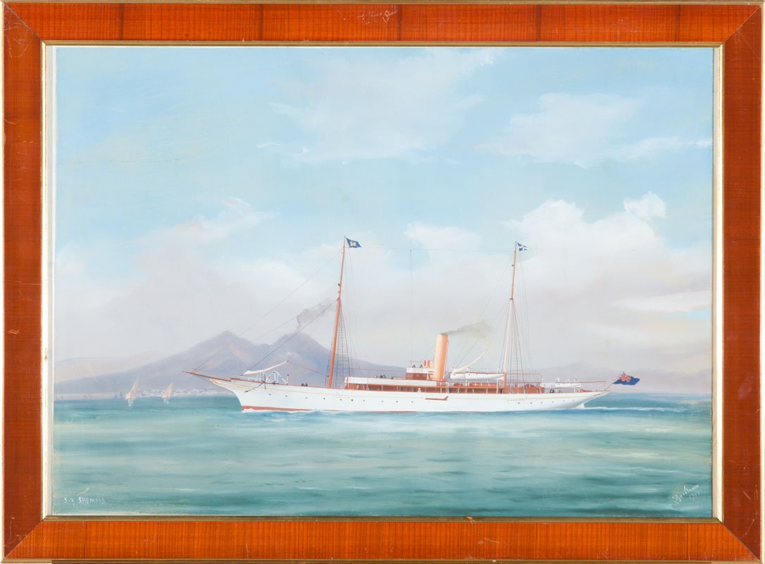 Guache su carta: Barca con il Vesuvio sullo sfondo Guache su carta, firmata De Simone e datata 1907 in basso a destra cm 44x62