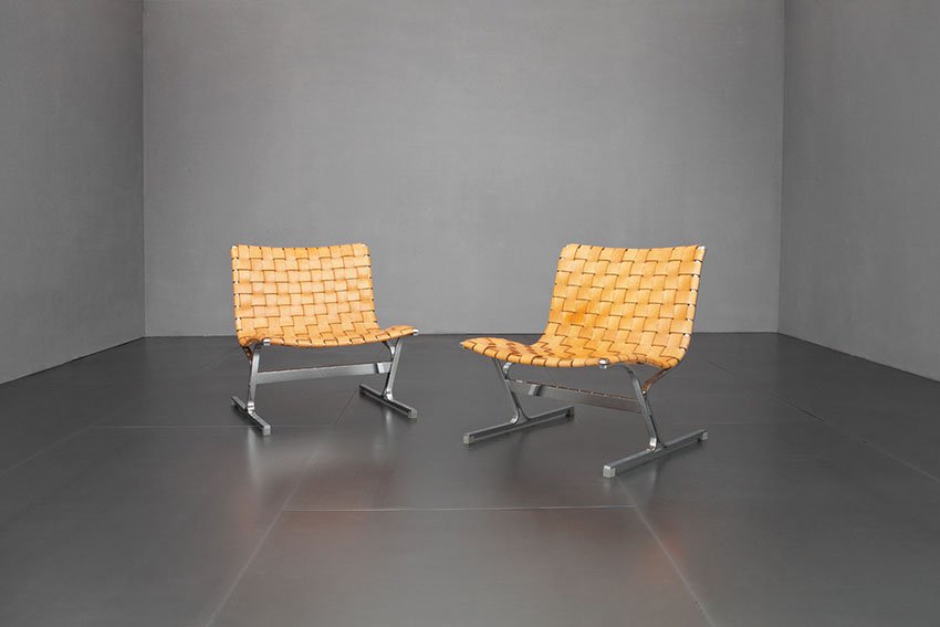 Ross Littell: Coppia di poltrone mod. PLR1 Acciaio cromato, cinghie in cuoio intrecciato. Prod. ICF Cadsana, 1968 ca. cm 73x65,5x66 Literature: G.Gramigna, Repertorio del design italiano, 1950-2000, Allemandi &C.,