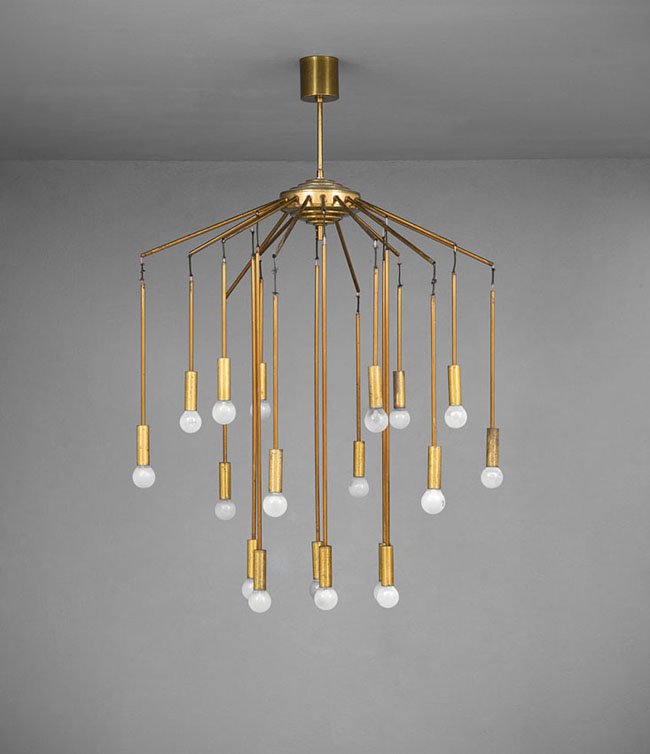 Stilnovo: Lampada a plafone Ottone lucido, fili elettrici rivestiti in tessuto. Prod. Stilnovo, anni '50 cm 105x70