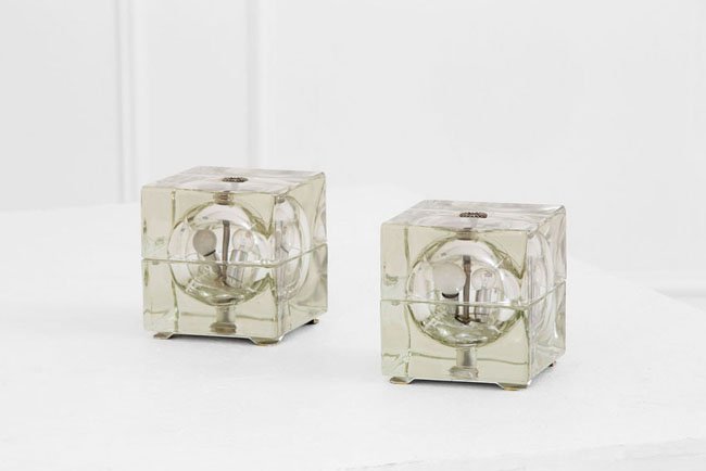Alessandro Mendini: Due lampade cubosfera Vetro massiccio stampato. Prod. Fidenza Vetraria, 1968 ca. cm 17x16x16 Literature: Domus, n. 467, ottobre 1968, p. 107; R. Rinaldi, Alessandro Mendini. Progetto infelice, Ricerch